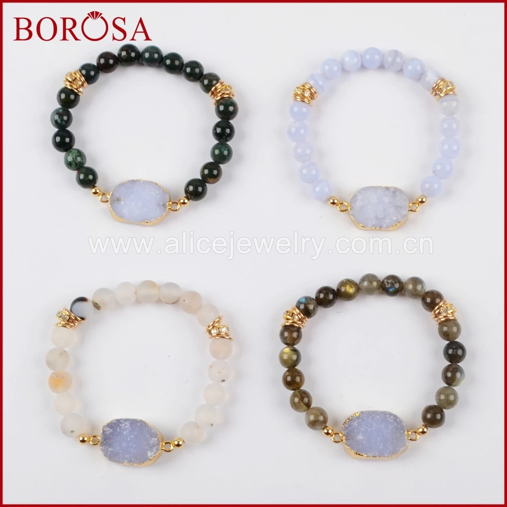 

BOROSA 5PCS Gold Color Natural Druzy With 8mm Natural Stone Beads Bracelets, Labradorite Agates Gems Beads Mixed Bracelet G1474