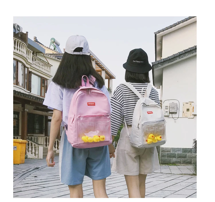 Ulzzang Корейский мультфильм Повседневная Милая утка прозрачная сумка женская мода буквы большой емкости японский рюкзак