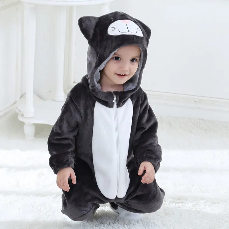 Детский комбинезончик с рисунком кота для мальчиков и девочек; Kawaii; комбинезон на молнии с капюшоном; Одежда для младенцев с рисунком животных; теплая мягкая одежда для младенцев - Цвет: black
