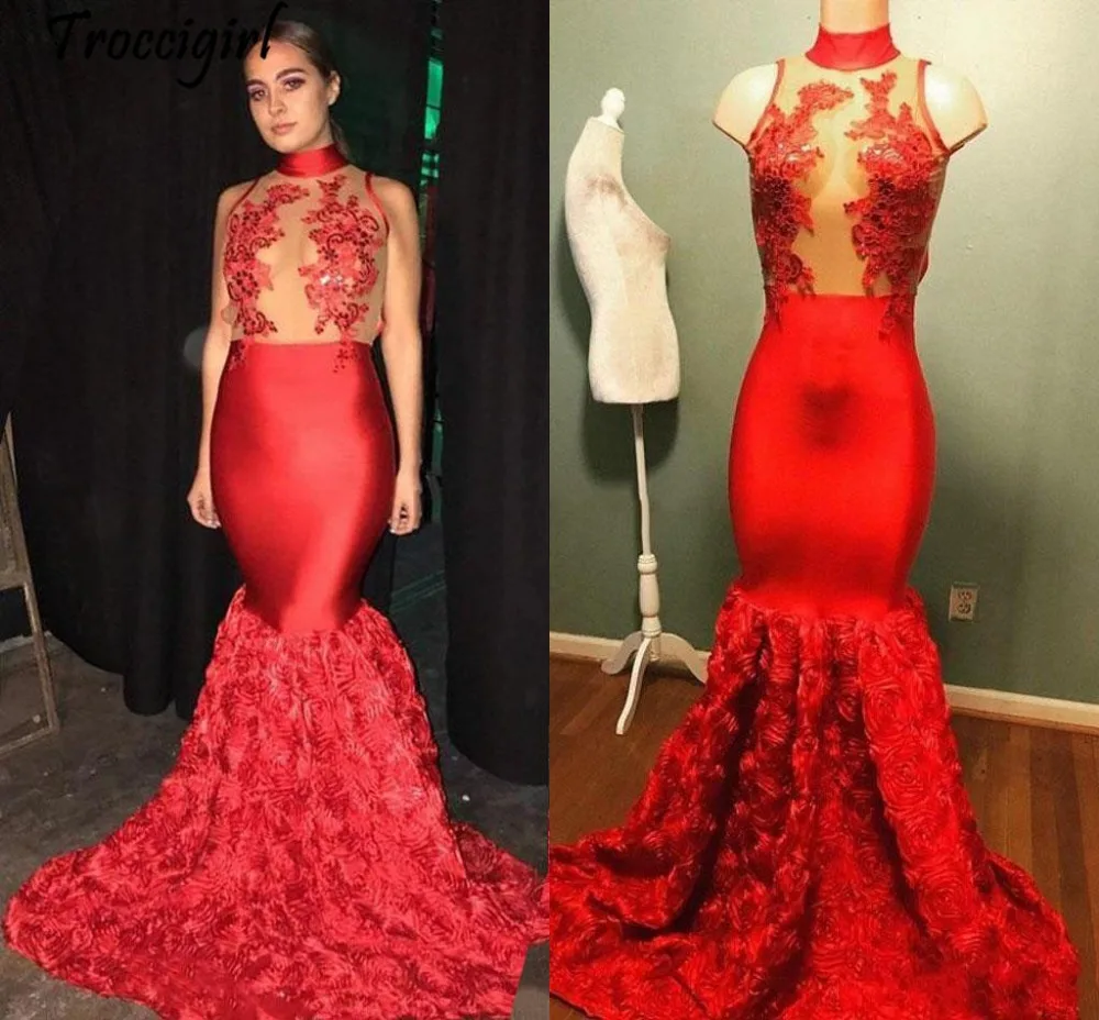 Red Mermaid Evening Dresses High Neck Appliques Illusion Bodice Satin 3D Flowers Backless Prom Sexy Party Sweep | Свадьбы и