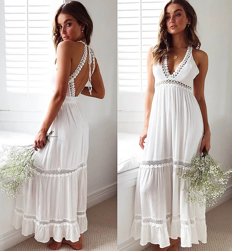 Летнее платье кружевное льняное белое богемное пляжное платье Boho женское сексуальное праздничное платье с глубоким v-образным вырезом и открытой спиной