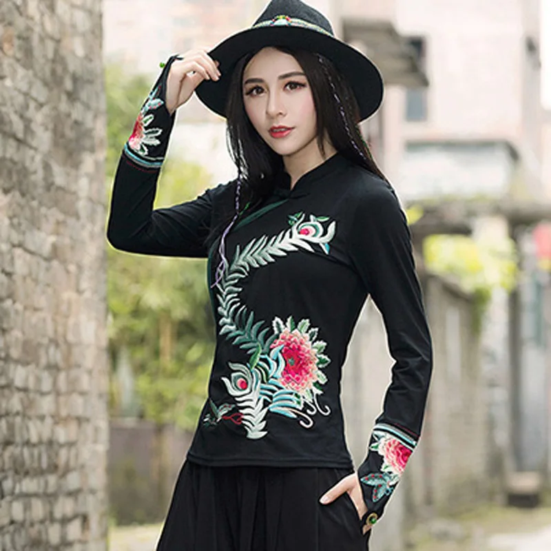 2018 Spring Autumn Black National Embroidered Feather Large Flower Pattern Long-sleeved Shirt women's t-shirt Tops Womens | Женская