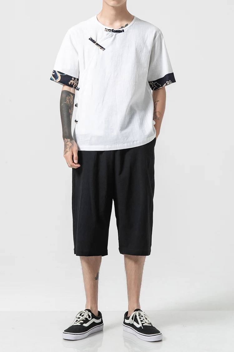 Sinicism Store мужские лоскутные футболки Harajuku уличная летняя хлопковая льняной Топ Мужская футболка в китайском стиле белые футболки
