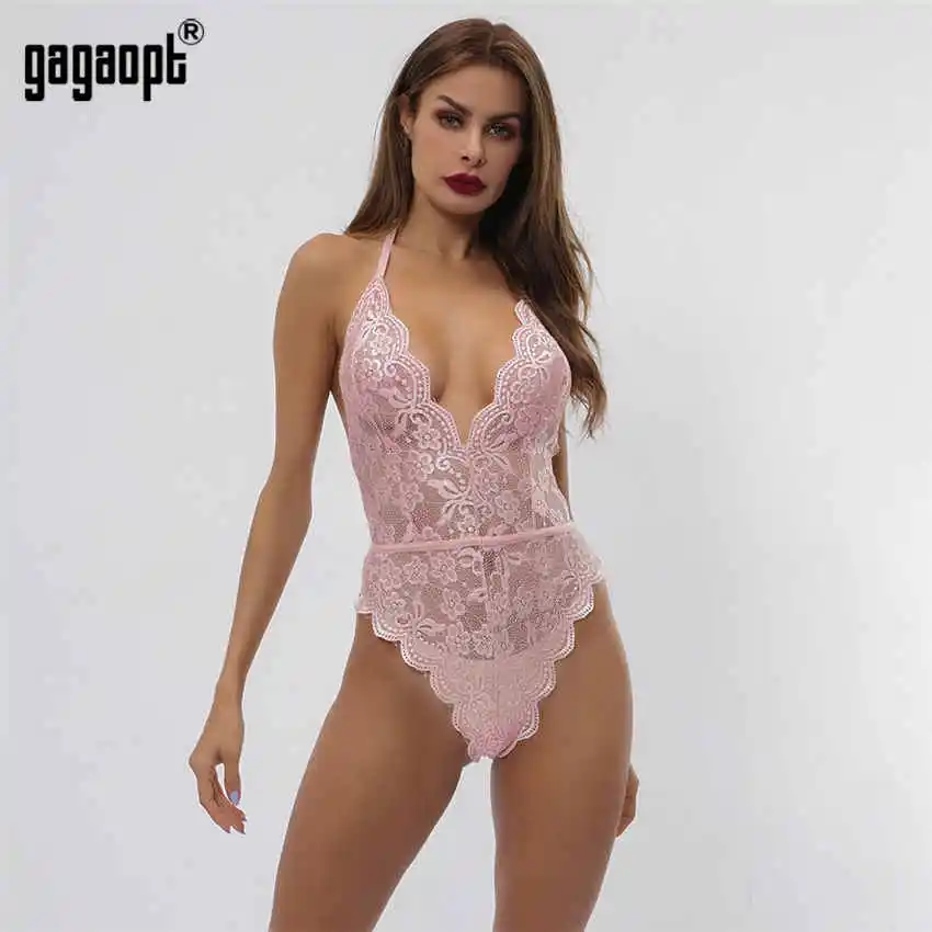 Розовый Gagaopt, Кружевное боди для женщин, Холтер, Цветочная вышивка, белый, черный, боди с открытой спиной, сексуальное боди, комбинезон, комбинезоны, одежда для сна - Цвет: Розовый
