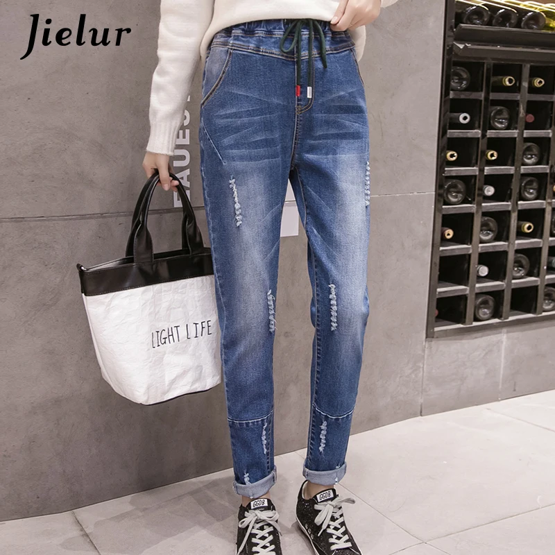 Jielur 2019 осенние модные синие джинсы женские свободные брюки больших размеров