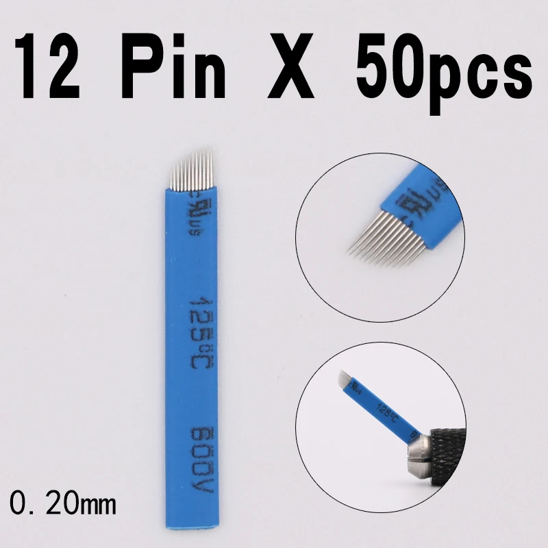

50 PCS Blue 12-Pin Permanent Makeup Manual Eyebrow Tattoo Needles Blade for 3D Embroidery Microblading Tattoo Pen Machine