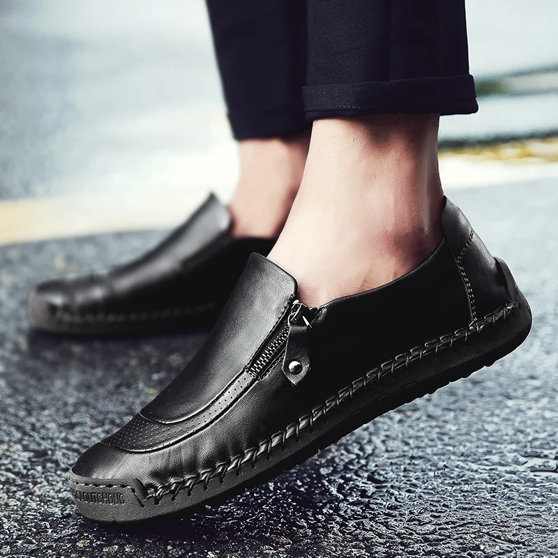 2019 mens shoes Four Seasons Fashion Casual soft Comfortable hand-stitched Slip-On Round Toe genuine leather flat Sewing red | Обувь