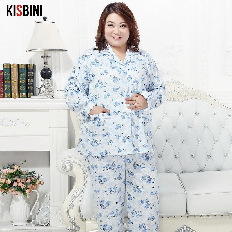 KISBINI размера плюс 3XL-5XL высокое качество женские пижамы набор костюм Цветочный Чистый хлопок осень весна для мамы мама подарочные пижамы