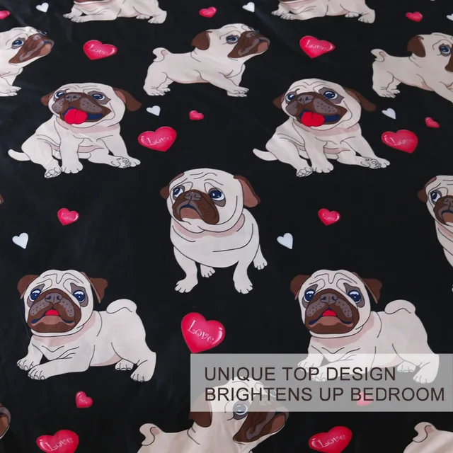 BlessLiving Pug Bedding Set Cartoon for Kids Duvet Cover 3-Piece Bulldog Bed Cover Set Queen Cute Pug Love Hearts Bed Linen 3