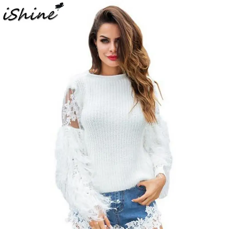 Фото iSHINE 2018 New Fringed Plush Sleeves Perspective Lace Stitching Sweater Autumn And Winter Warm Women's Top Женская одежда iSHINE 2018 New Fringed Plush Sleeves Perspective Lace Stitching Sweater Autumn And Winter Warm Women's Top Женская одежда