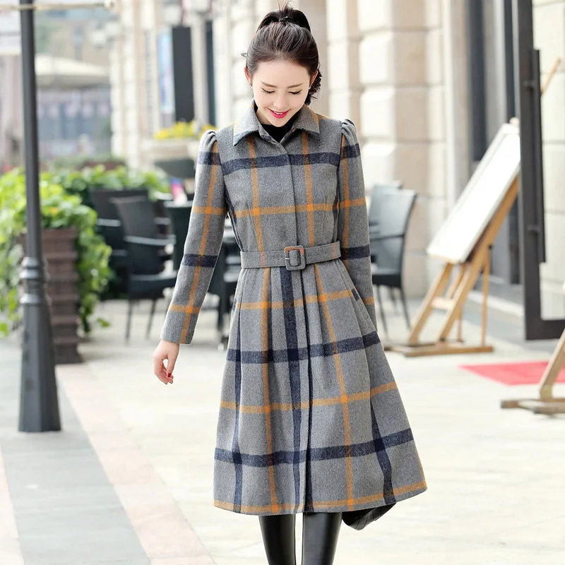 

Autumn and winter new women's Korean Slim was thin long-sleeved thick plaid long fashion woolen dress