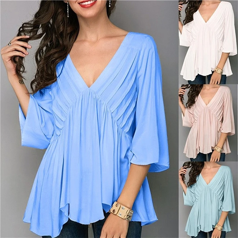 Однотонная женская блузка с v образным вырезом и укороченными рукавами топ