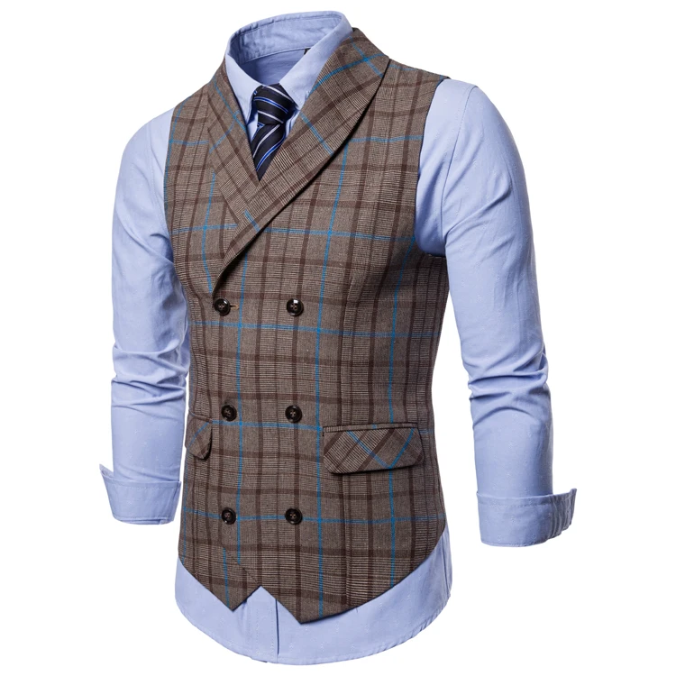 Мужской Клетчатый костюм классический деловой двубортный Приталенный жилет