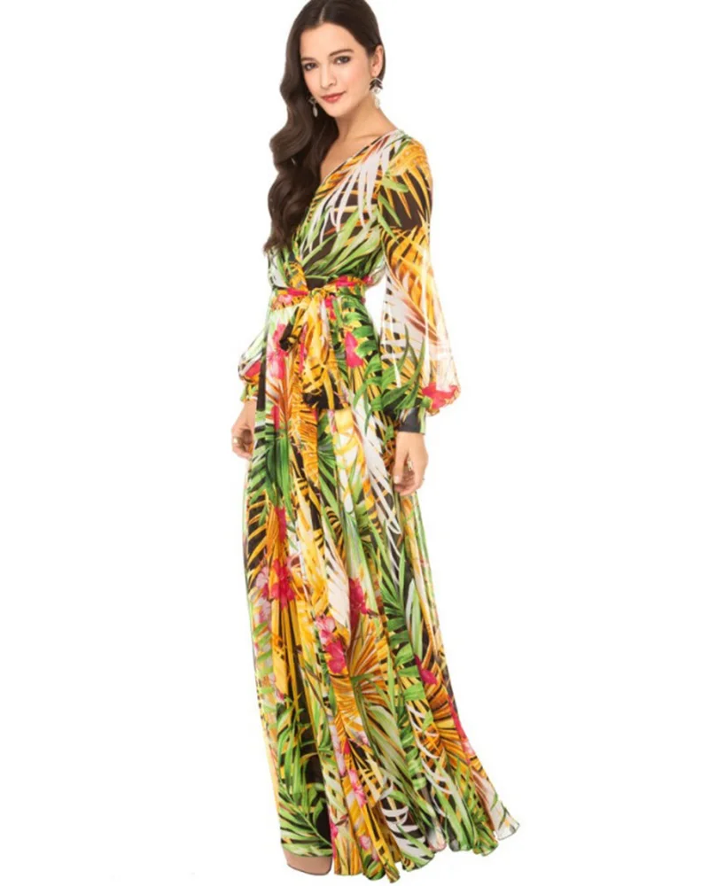 Женское летнее шифоновое пляжное платье с v образным вырезом и длинным рукавом