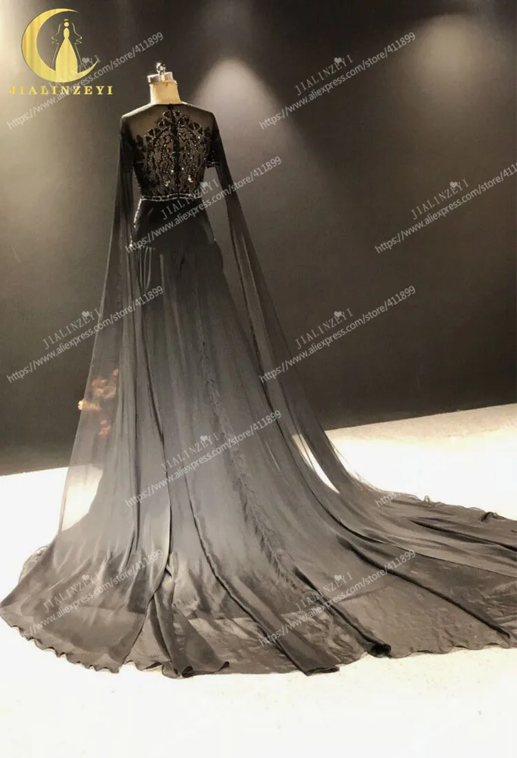 

JIALINZEYI Real Picture Black Chiffon Short SLeeves With cape Beads Sexy Dresses Party Evening Dresses