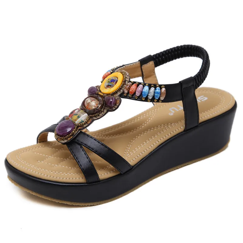 

SIKETU Women Sandals Woman Summer Fashion Casual Wedges Heels Bohemia String Bead Flip flop Beach Sandals Size 35-45 Black Beige