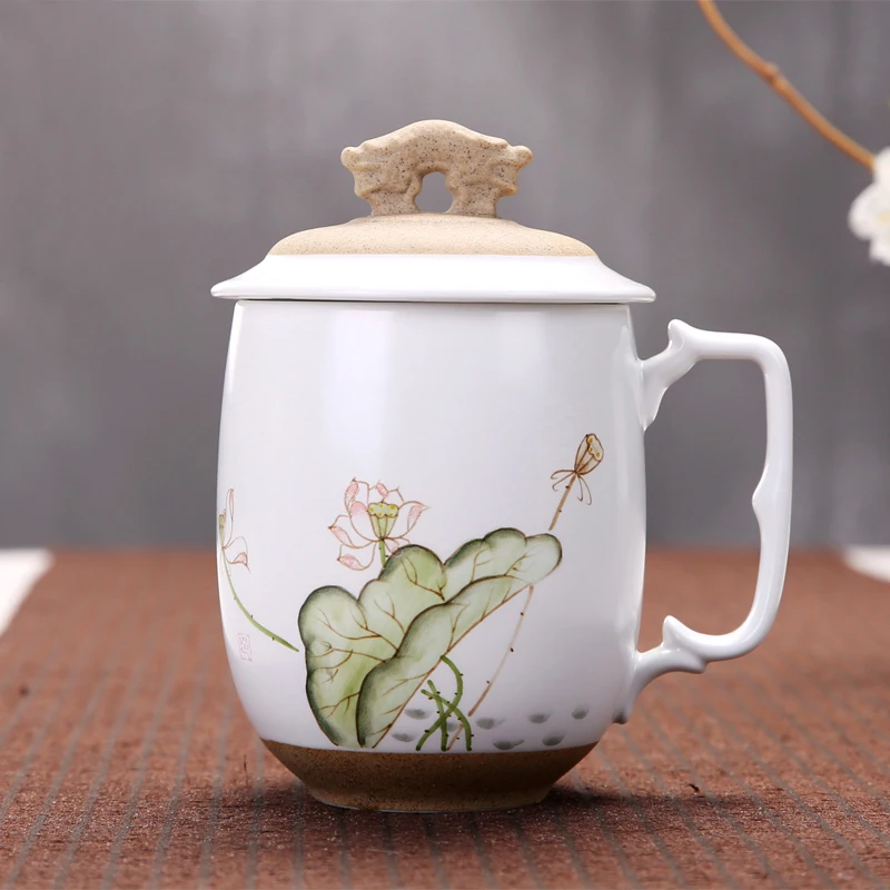 

400ml Zen Handpainted Lotus Mug Chinese Coarse Pottery Tea Cups Coffee Mugs Water Glass Office Teacup Milk Cup Lid Master Cup