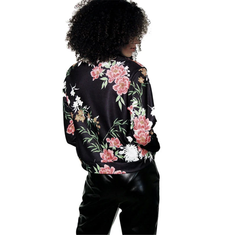 Осень Цветочный принт Куртки женские карман на молнии спереди стенд Куртка с