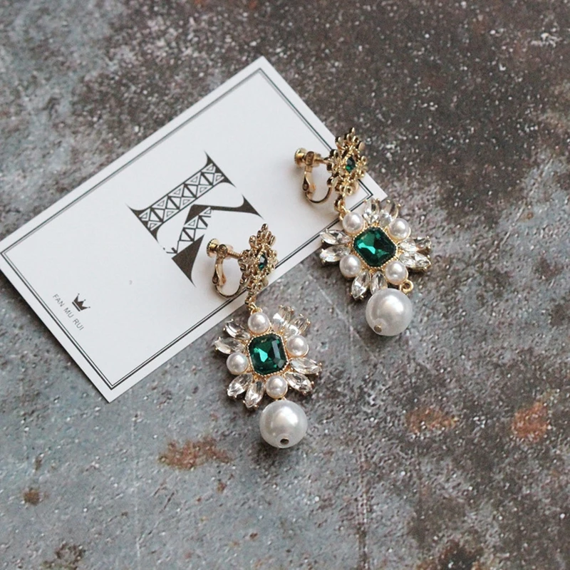 Женские винтажные длинные серьги-клипсы с зеленым кристаллом свадебные серьги