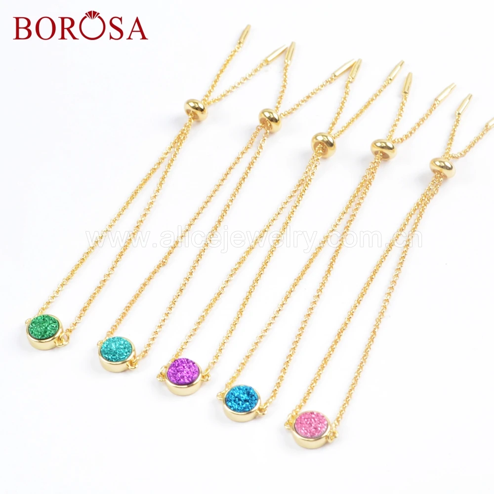 

BOROSA 6pcs Women Charm Bracelet Round Natural Titanium Rainbow Druzy Connectors 9inch Adjustable Chain ZG0368