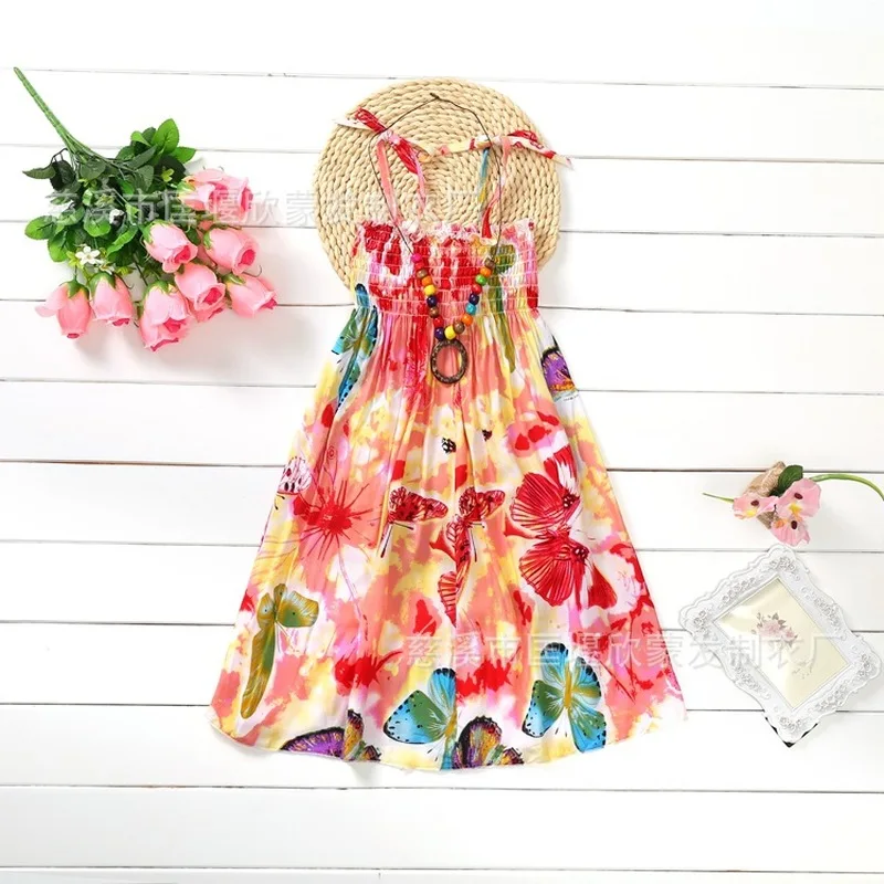 2019 Summer Beach Youth 3-12 Years Old Baby Girl Dress Bohemian Flower Princess Sling Necklace Holiday | Детская одежда и обувь