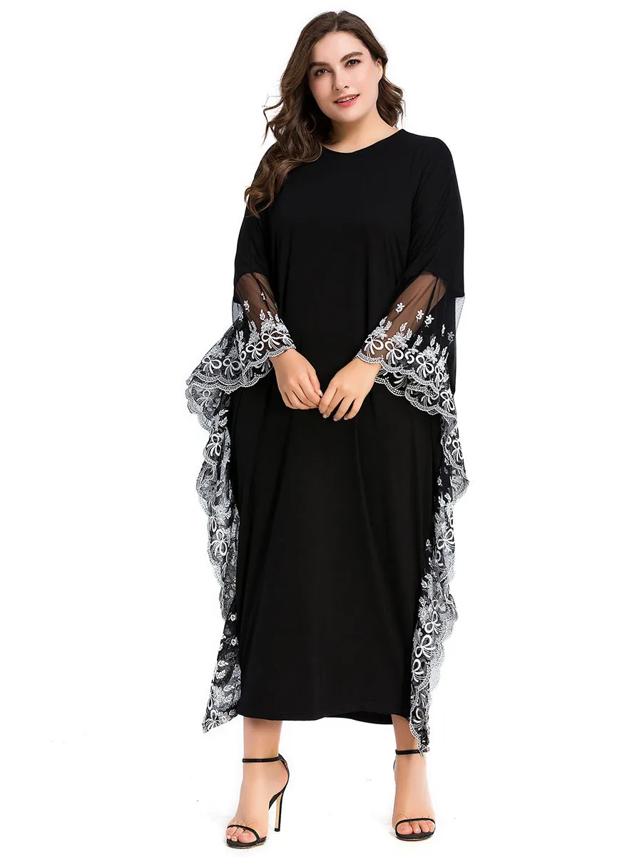 Черная женская мусульманская одежда Abayas вышивка рукав летучая мышь длинное