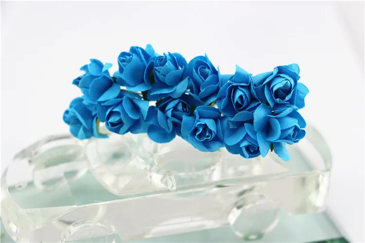 Blue 12 шт./шт. 1,5 см Дешевые Мини бумажные розы Искусственные цветы Свадебные украшения DIY коллаж букет - Цвет: Blue