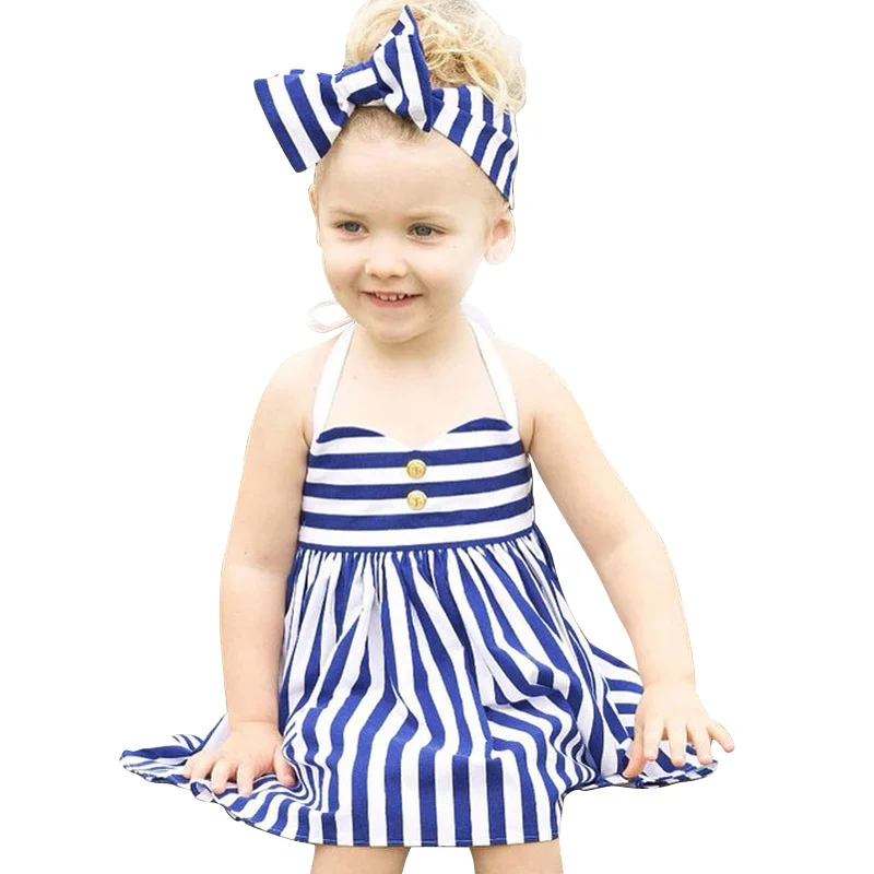 2016 Cute Striped Girls Dress + Bow Headband Suits 2pcs Children Clothing Set Baby Sleeveless Party Costume Girl Outfits | Детская