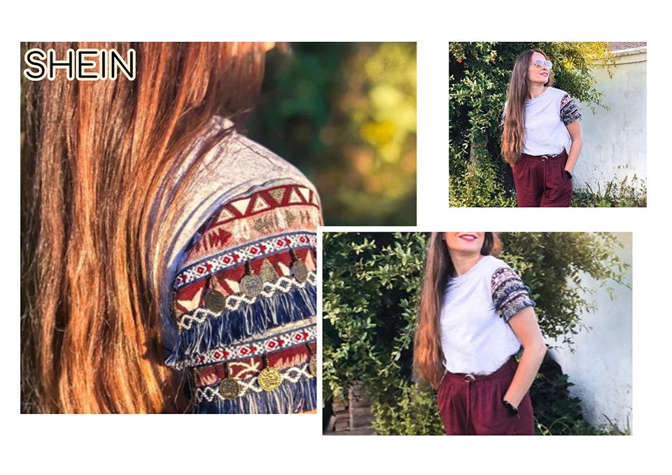 SHEIN, народный стиль, бахрома, отделка, Heathered Tee, Повседневная футболка, женская,, летняя, короткий рукав, эластичная, Boho, Милая футболка, топы