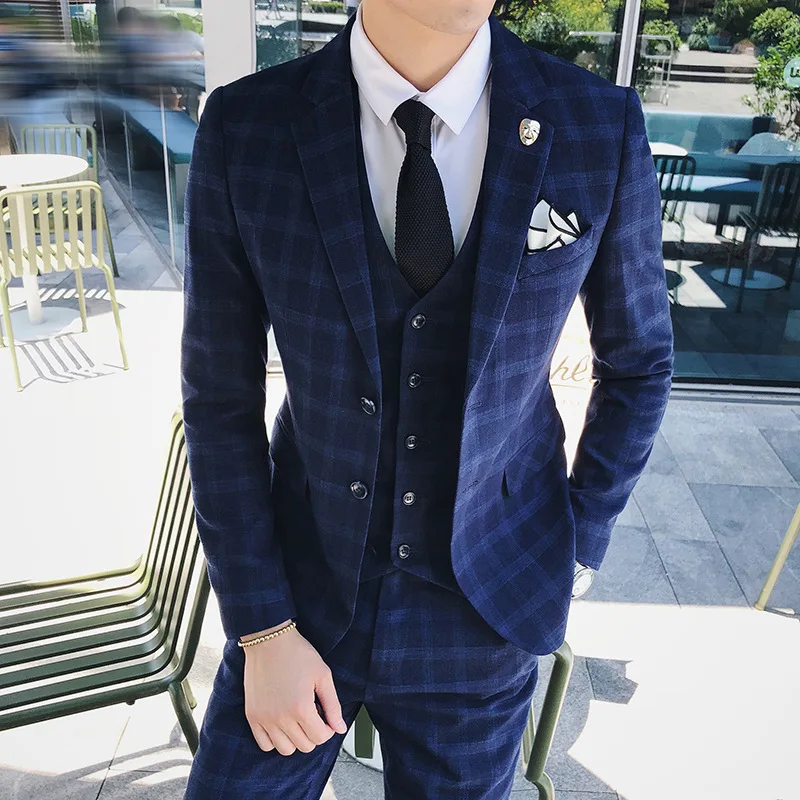 

( Jackets + Vest + Pants ) Fashion Boutique High-end Brand Mens Formal Business Blazer Suit Groom Wedding Dress Plaid Mens Suit