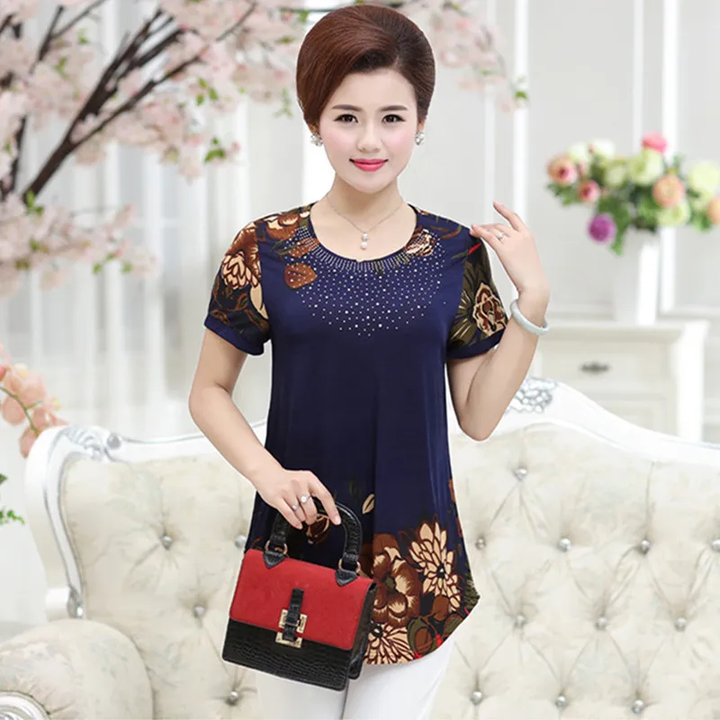 2019 Summer T-shirts Women Print O-neck Middle-aged Casual Loose T Shirt Vintage Clothes Short-sleeved Tops Tee Plus Size 4XL | Женская