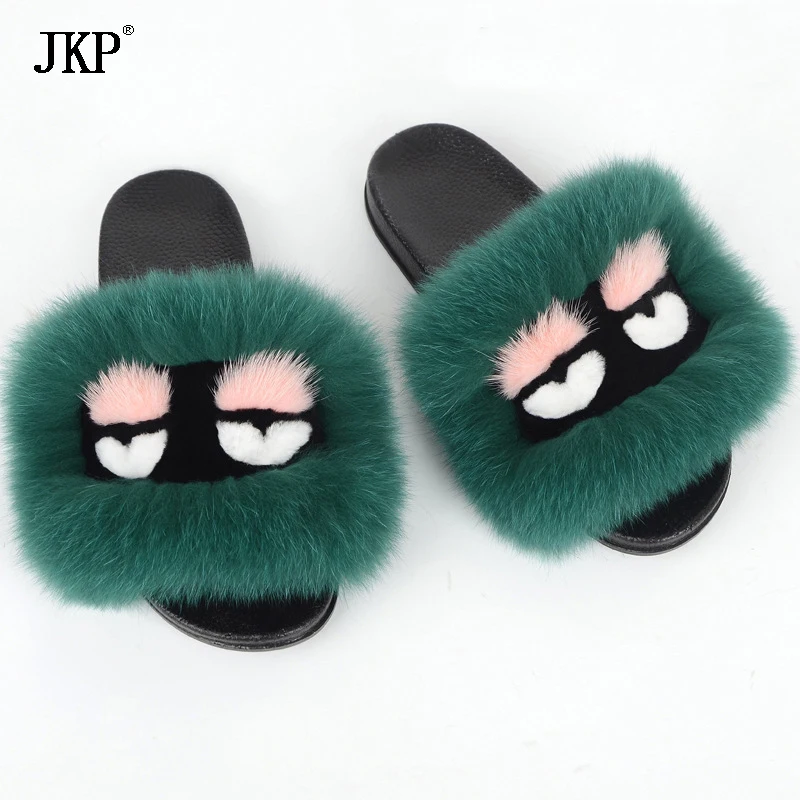 JKP autumn and winter 2018 new wild fur slippers real natural fox home shoes summer travel monster |