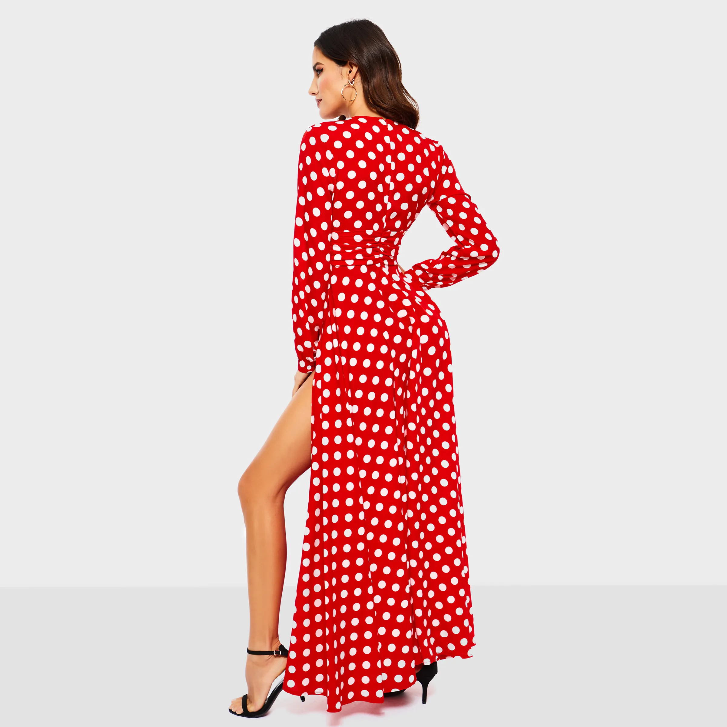 Платье макси в горошек с длинным рукавом и высоким разрезом|Женские платья| |