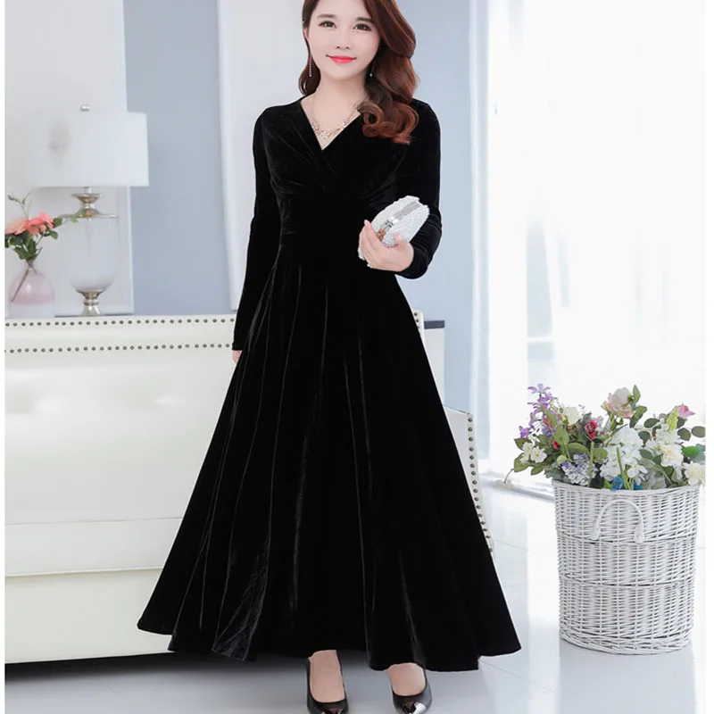 Весна 2020 новое женское золотое бархатное платье с длинными рукавами большого