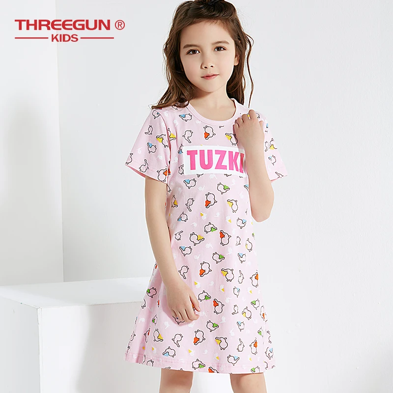 THREEGUN Nightgown Children Clothing Summer Girls Baby Dresses Pajamas Cartoon Tuzki Cotton Nightdress Kids Home Sleepwear