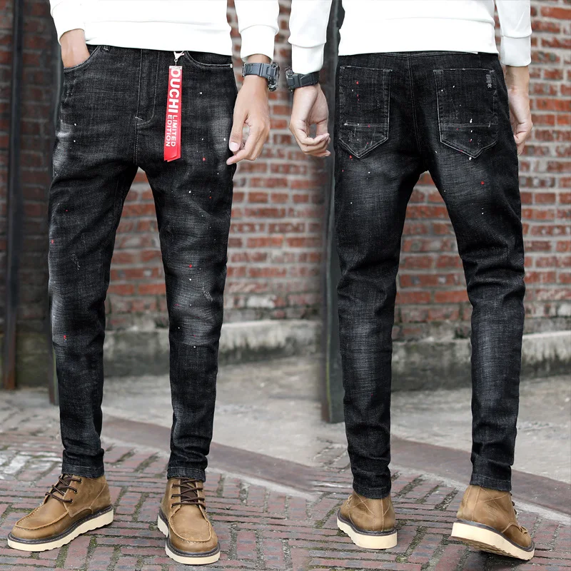 2019 мужские рваные джинсы индивидуальные Стрейчевые облегающие брюки с рисунком