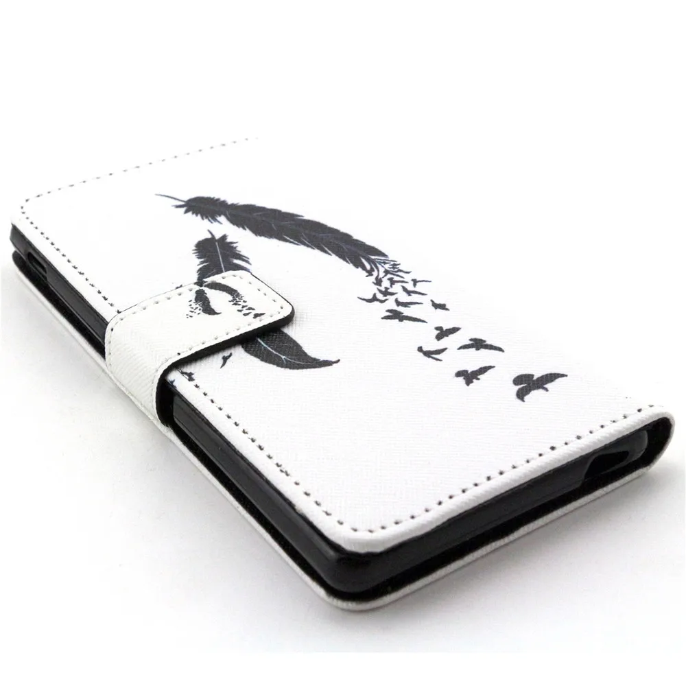Black Feather Design Leather Flip Stand Wallet Card Slots Pouch Skin Cover Case For Sony Xperia M4 Aqua E2303 E2333 Funda Capa |