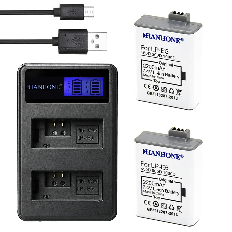 2 шт. 2200 мАч LP E5 батарея LPE5 камера + LCD двойное зарядное устройство для Canon EOS 450D 500D