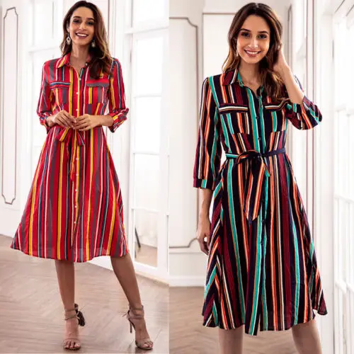 Женская одежда Полосатое Платье макси с длинным рукавом и пуговицами Осеннее