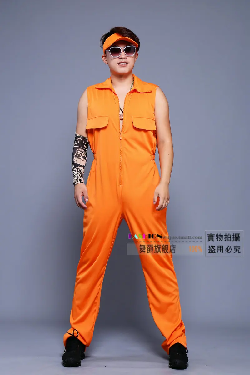 sleeveless 0114 летние шаровары Хип-хоп брюки для мужчин и женщин танцевальный сценический комбинезон-карго мужские комбинезоны на молнии оранжевого размера плюс свободные - Цвет: sleeveless