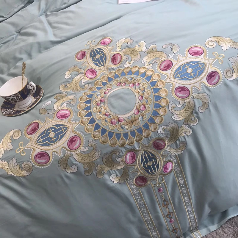 Blue luxury Embroidered 120S Egyeptian cotton Royal Bedding sets Queen King Wedding Duvet cover Bed sheet set Pillowcases 4pcs | Дом и сад