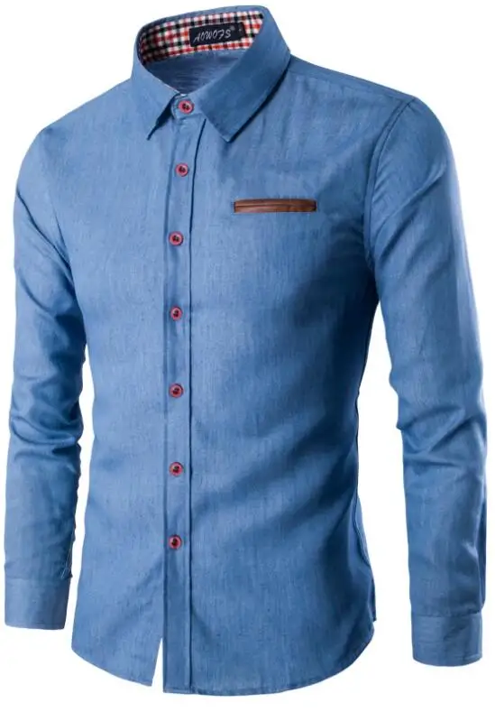 Light blue shirt Новинка, модная брендовая мужская рубашка с карманами, кожаная рубашка с длинным рукавом, приталенная Мужская рубашка, повседневные мужские рубашки, модель - Цвет: Light blue shirt