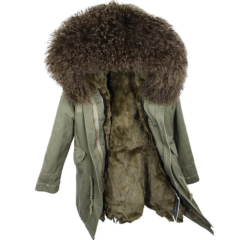 full green OFTBUY пальто с натуральным мехом, зимняя куртка, Женская длинная парка, воротник из натурального меха монгольской овцы, капюшон, подкладка из натурального кроличьего меха, уличная одежда - Цвет: full green