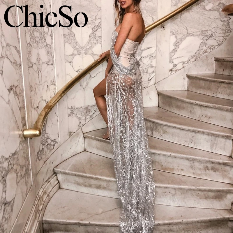 Женское длинное прозрачное платье MissyChilli блестящее облегающее макси на одно