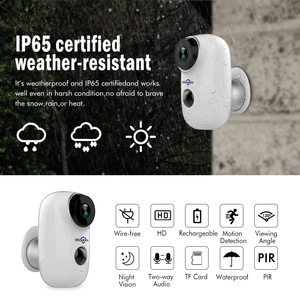 Беспроводная ip камера Hiseeu C10 перезаряжаемая батарея CCTV безопасности PIR