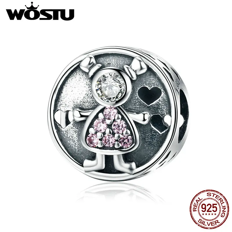 

WOSTU Romantic 925 Sterling Silver Lovely Child Girl & Boy Sweet Family Charm Beads fit Bracelet for Women DIY Jewelry FIC542
