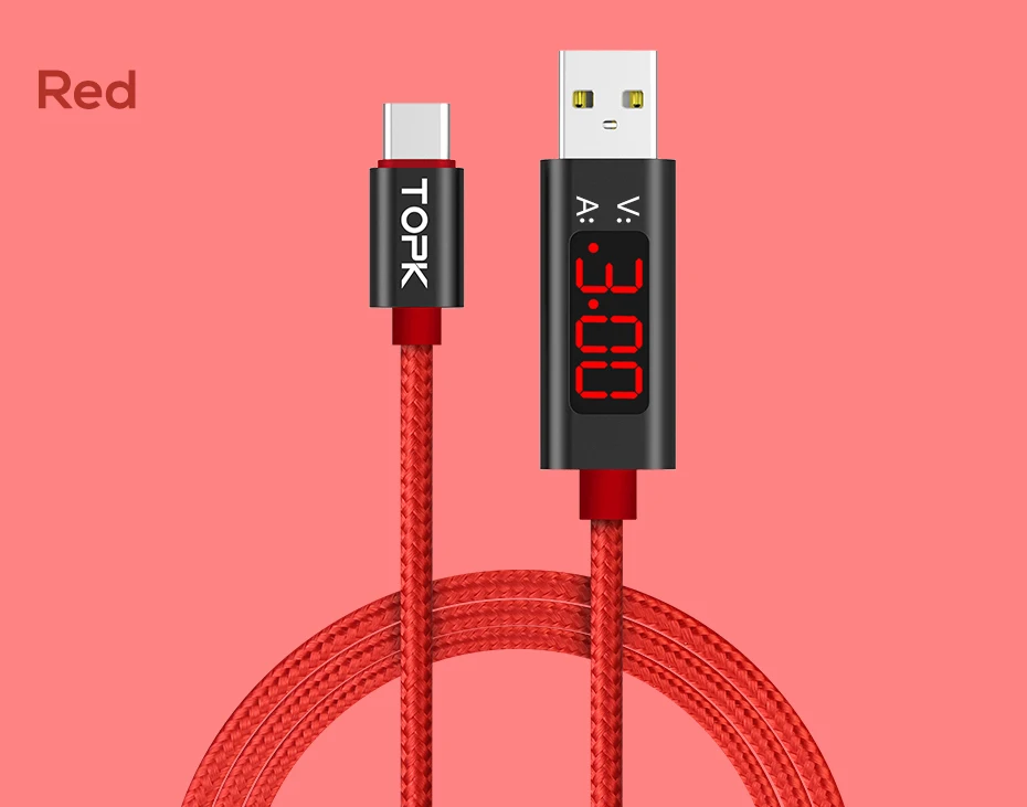 TOPK AC27 3A usb type-C кабель для передачи данных USBC кабель для быстрой зарядки напряжение и ток дисплей USB-C кабель для samsung S9 S8 redmi note 7