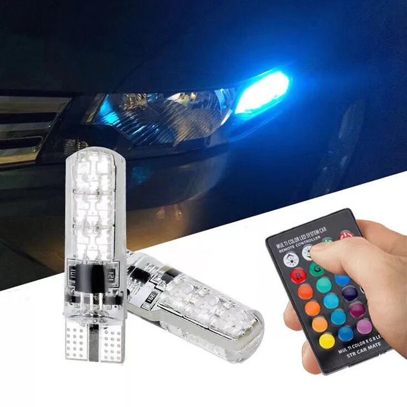 2 шт. T10 RGB W5W Светодиодные Габаритные фонари для автомобиля SMD с пультом