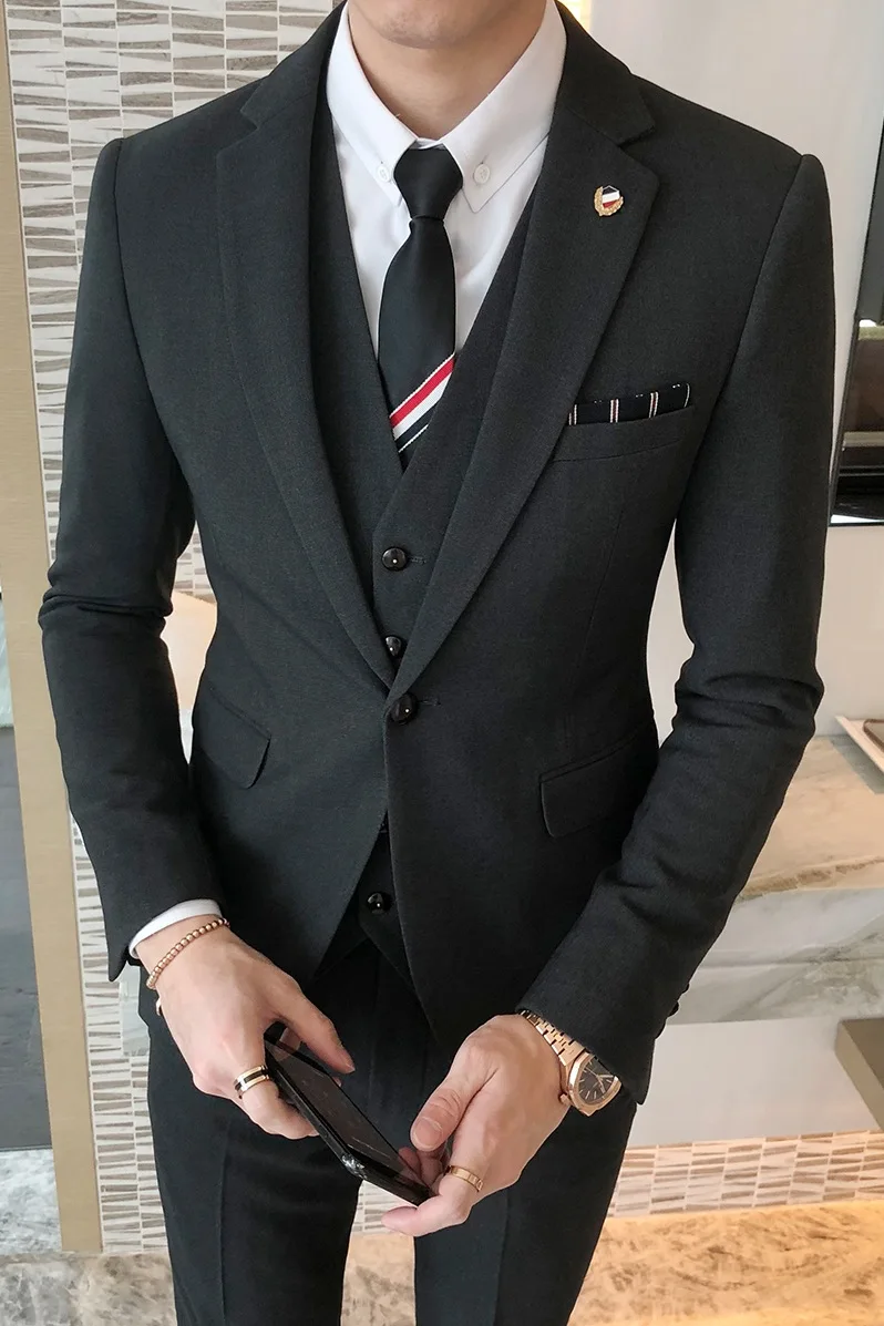 

Traje De Boda Hombre Single-breasted Slim Three-piece Sets Male Solid Color British Style Wedding Groom Dress