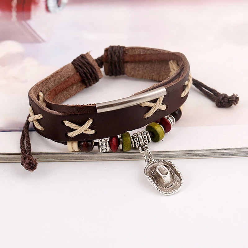 Классический модный кожаный серебряный браслет с изображением черепа из бисера